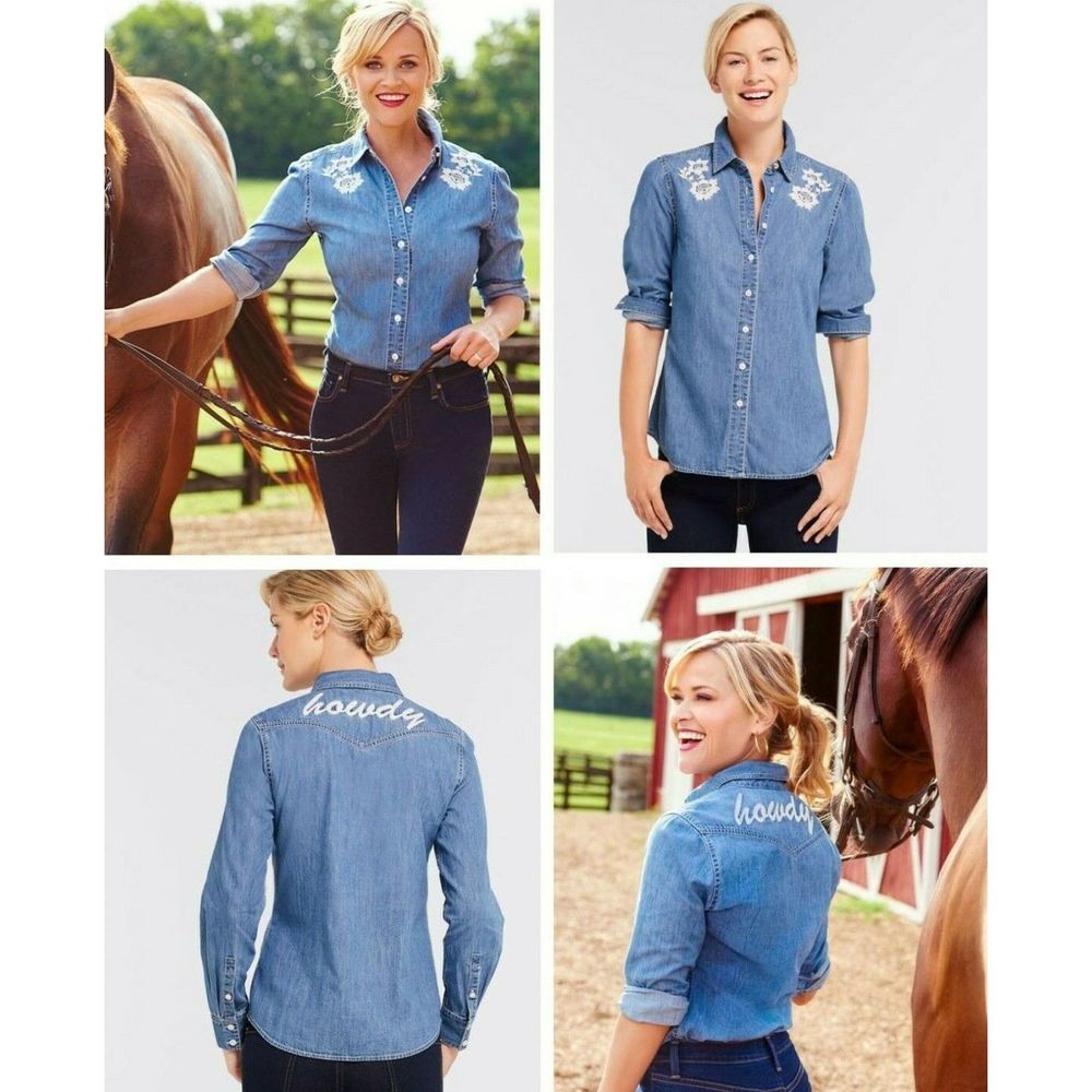 Draper James | Howdy Embroidered Chambray Button Down Blue Long Sleeve Shirt | 6